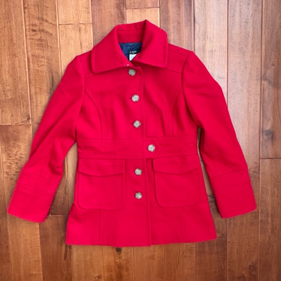 J. Crew Classic Red Wool-Blend Button-Down Polo Trench Coat Belted Sz 8 - Picture 4 of 15